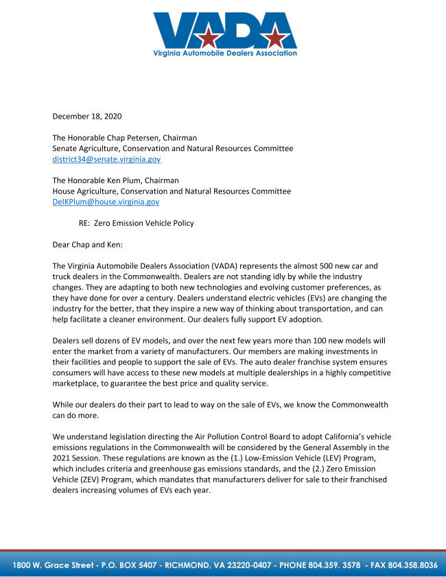 VADA Letter to General Assembly re ZEVs 12 2020_FIN