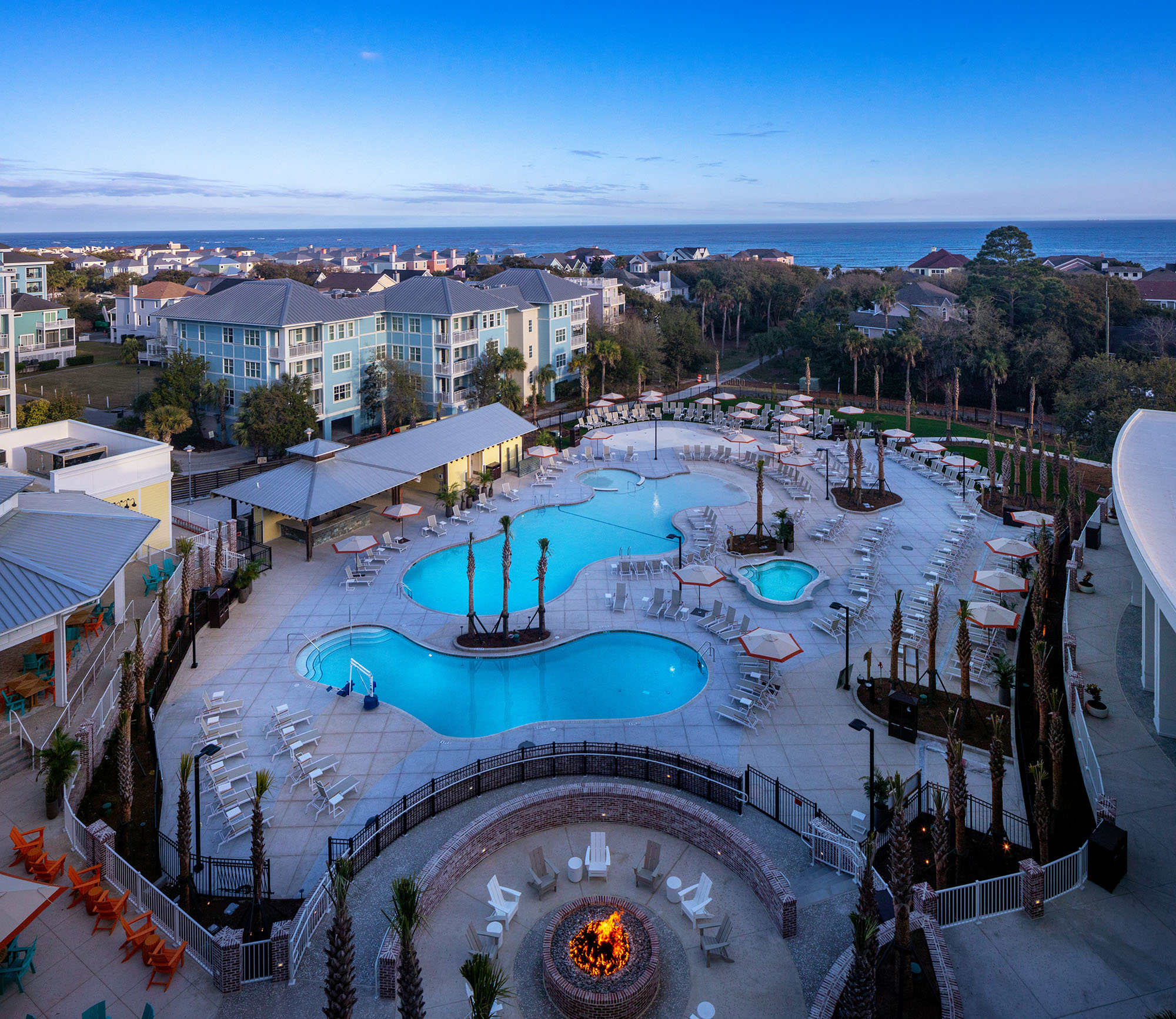 The pool deck at dusk